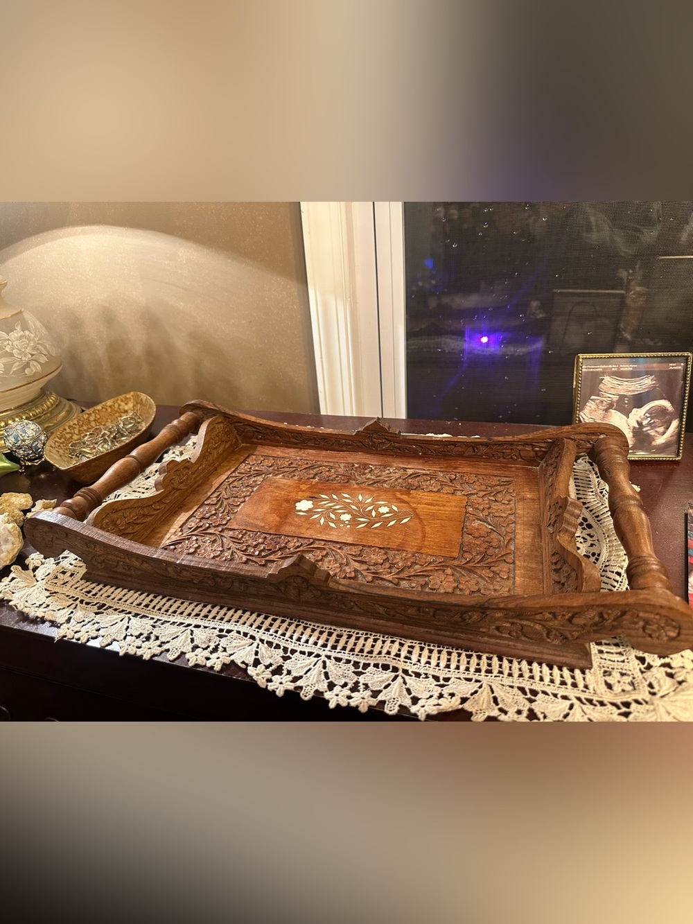 Vintage Hand Carved Wooden Decorative Tray